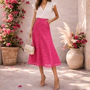 Halogen Nordstrom Pink Eyelet A-Line Skirt Midi Spring Feminine Cotton Size 2